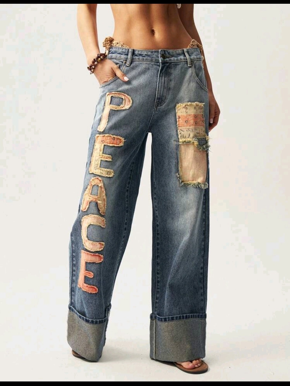 Bohemela Women’s Blue Patchwork 'Peace' Wide-Leg Cuff Jeans - Picture 3 of 6